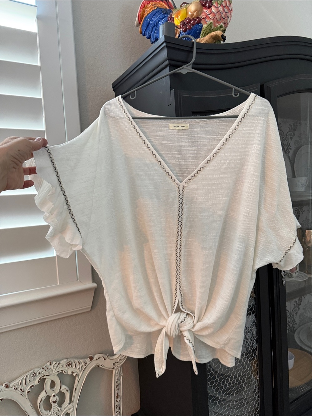 Max Studio Cream V-Neck Tie-Front Tunic with Contrast Stitching